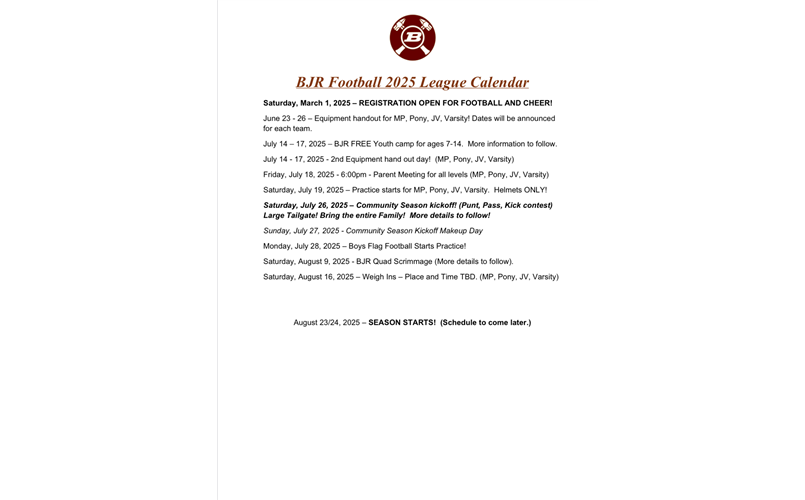Save the Date Information 2025 Football Season